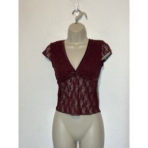 Y2K Just Polly M Babydoll Sheer Lace Top Whimsigoth Fairy Grunge‎ Maroon Boho